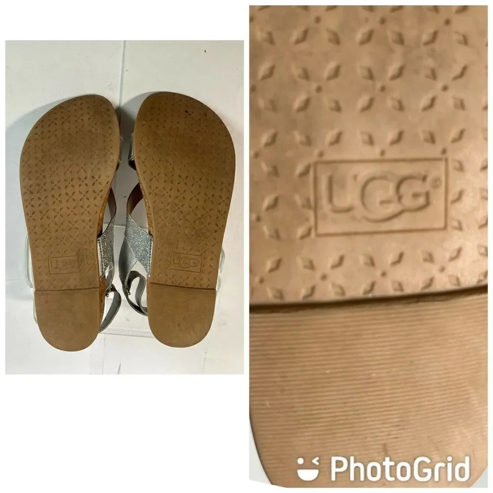 UGG Girls Pink Faux Fur Pom Pom Sandals Size 5 Fonda‎ Glitter Pink Silver